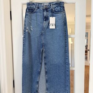 ZARA Distressed Denim Long Skirt- NWT- Size Small